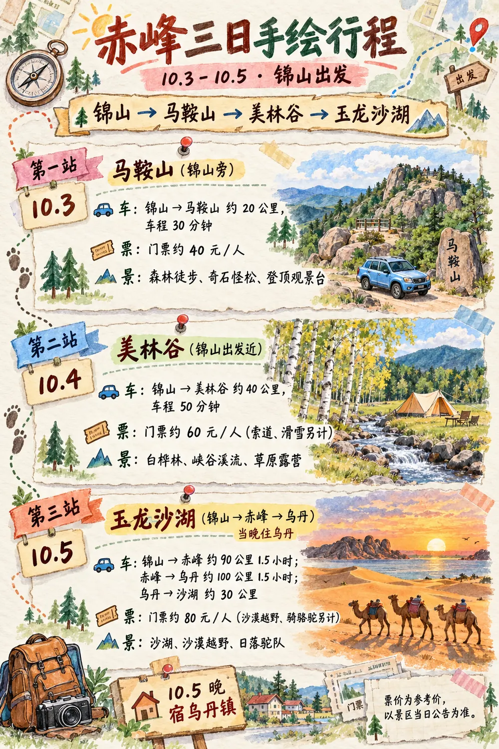 旅行行程手绘图（含交通与门票） 示例图