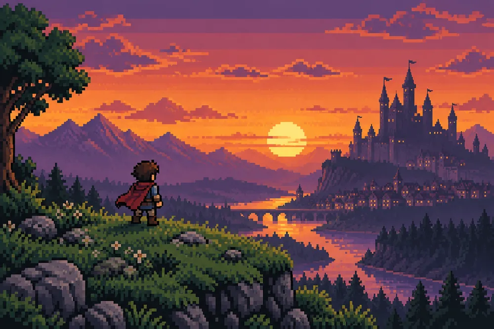 像素风游戏场景：16-bit 黄昏山丘 示例图