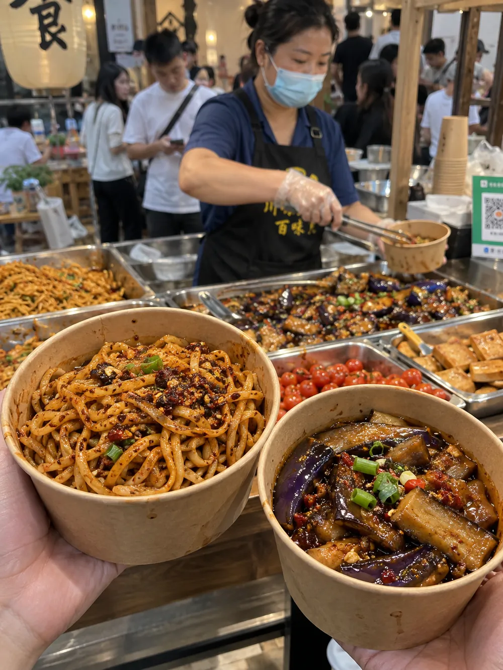 街头美食：手持双碗夜市实拍 示例图